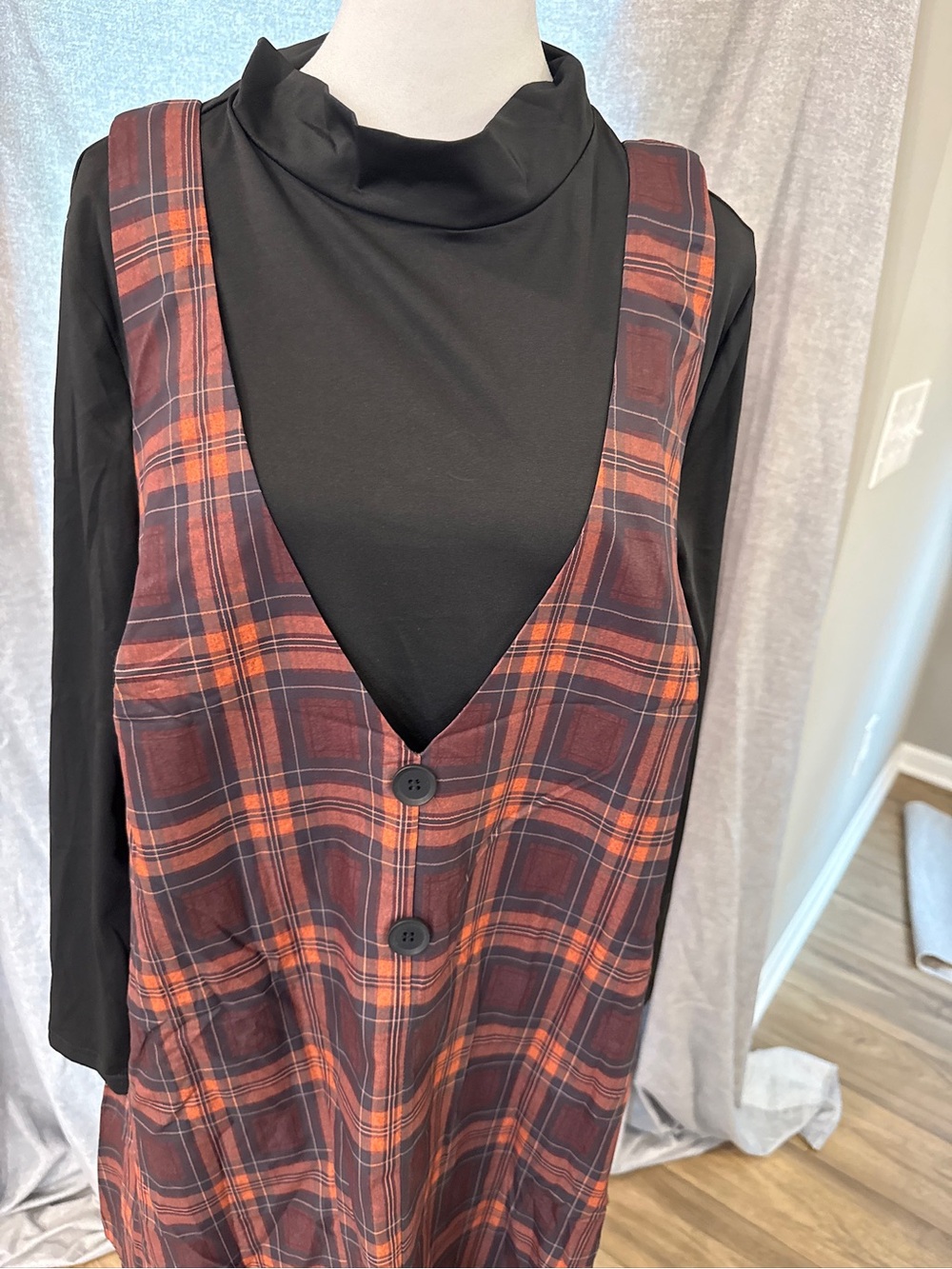 NWOT 0XL Fall Plaid Dress 2-Piece Black Turtleneck Long Sleeve Fall Winter